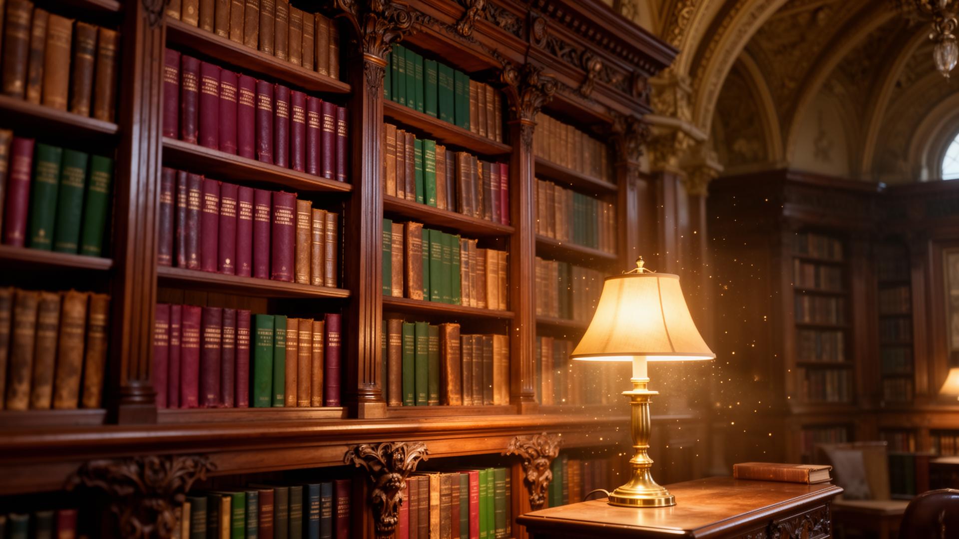 An old fancy library bookshelf with leather-bound, gold-leaf books